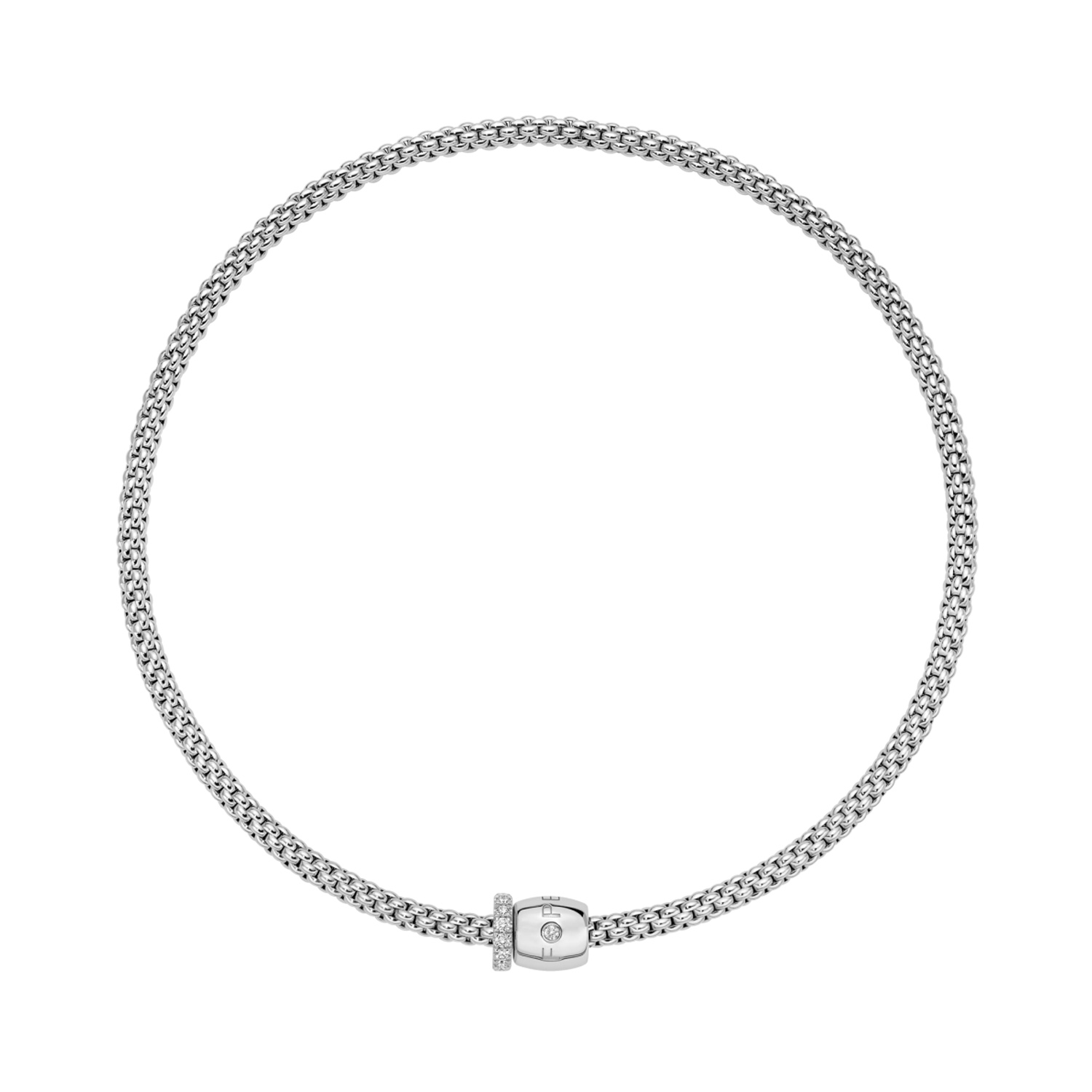 FOPE, Solo Collection, 18ct White Gold Diamond Flex’It Necklace: 0.47 carats An 18ct white gold Flex'It necklace with two white gold diamond set rondels, belonging to Fope's Solo collection.