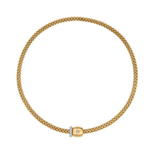 An 18ct yellow gold Flex'It necklace with one large yellow gold diamond set rondel and a smaller white gold diamond set rondel, belonging to FOPE's Solo Collection.