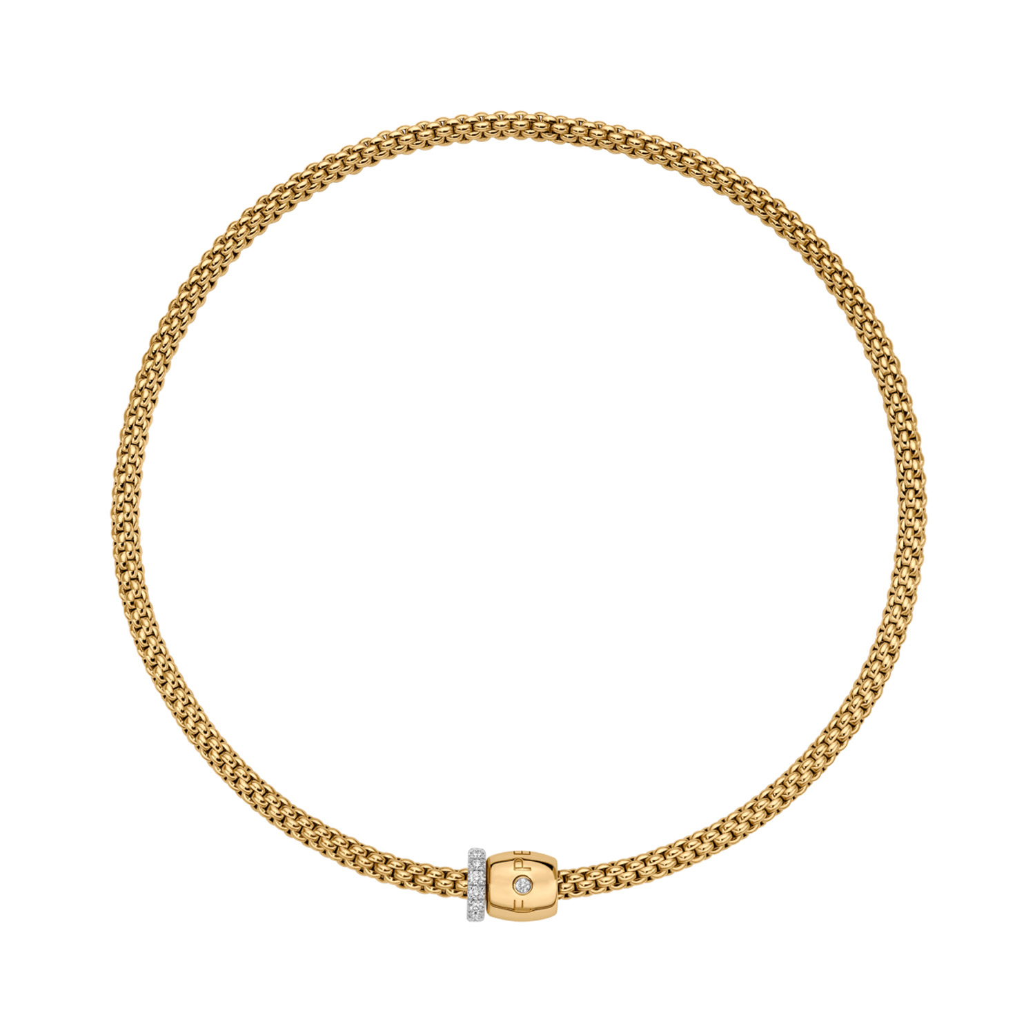 An 18ct yellow gold Flex'It necklace with one large yellow gold diamond set rondel and a smaller white gold diamond set rondel, belonging to FOPE's Solo Collection.