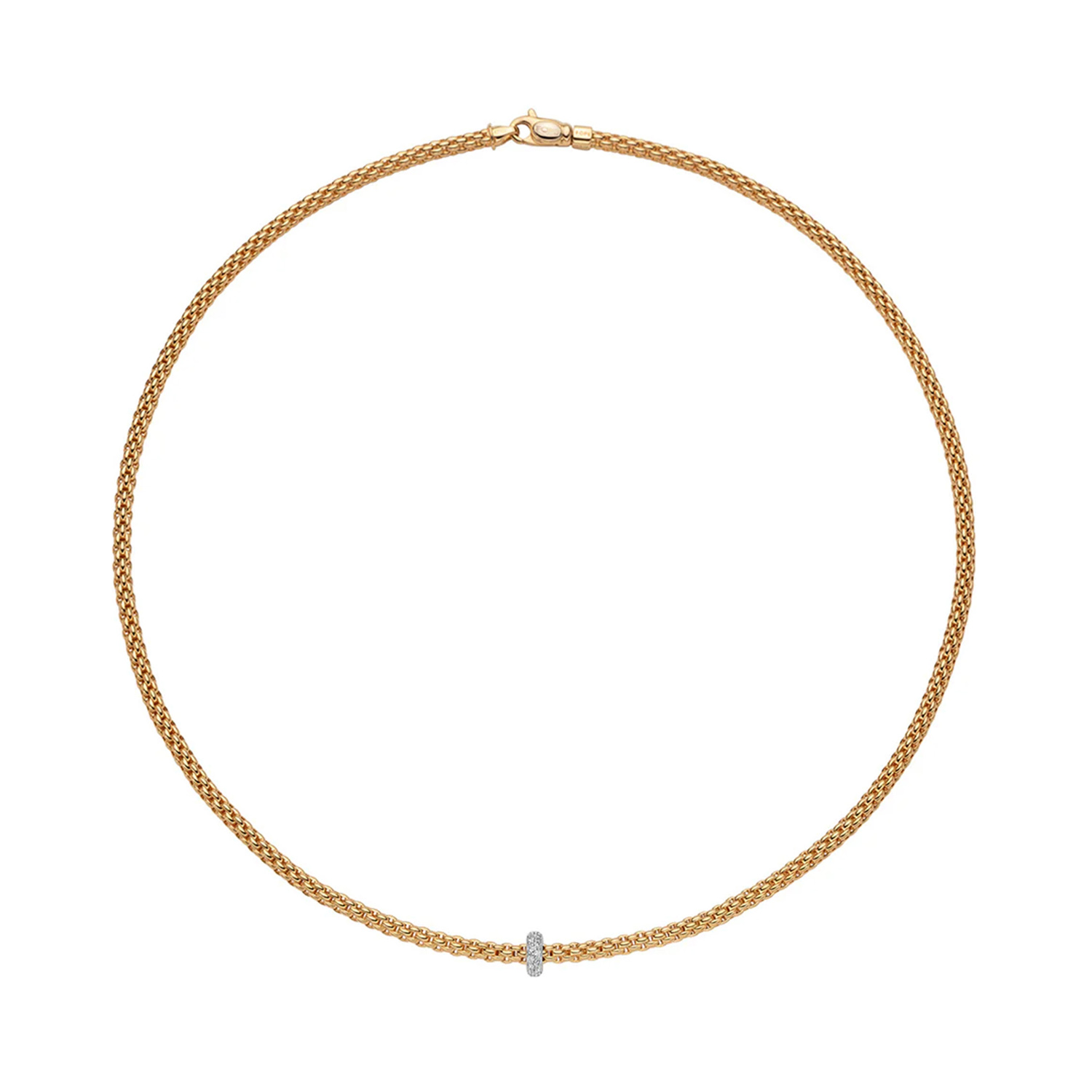 FOPE, Prima Collection, 18ct Rose & White Gold Flex'It Diamond Necklace: 0.18 carats An 18ct rose gold Flex'It necklace with a single white gold diamond set rondel, belonging to FOPE's Prima collection.