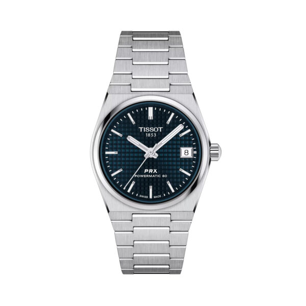 Tissot, PRX Powermatic 80 with a 35mm stainless steel case and bracelet strap featuring a date function and a dark blue dial.