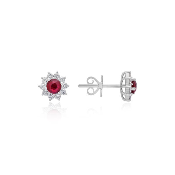 A pair of 18ct white gold ruby and round brilliant cut diamond cluster stud earrings, for pierced ears.