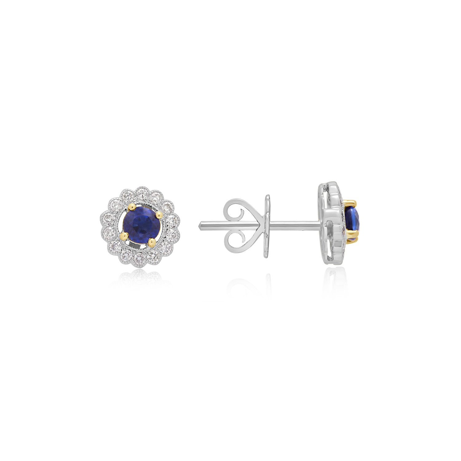 A pair of 18ct white and yellow gold sapphire and diamond stud earrings, for pierced ears.