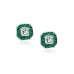A pair of 18ct white gold emerald and diamond set cluster stud earrings, for pierced ears.
