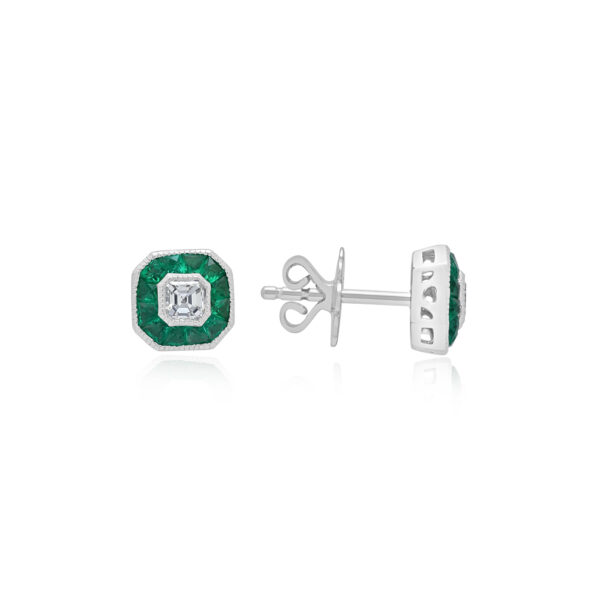 A pair of 18ct white gold emerald and diamond set cluster stud earrings, for pierced ears.