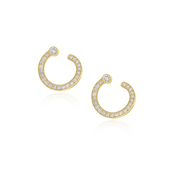 A pair of 18ct yellow gold brilliant cut diamond set swirl earrings, for pierced ears.
