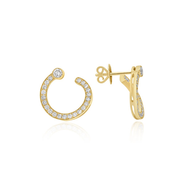 A pair of 18ct yellow gold brilliant cut diamond set swirl earrings, for pierced ears.