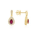 A pair of 18ct yellow gold pear shaped ruby and brilliant cut diamond cluster drop earrings, for pierced ears.