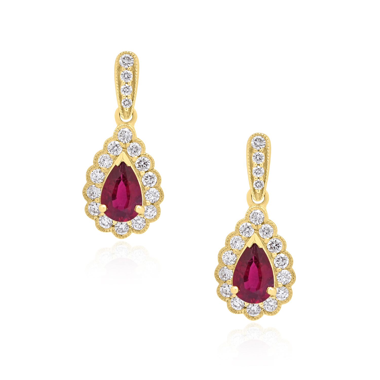 A pair of 18ct yellow gold pear shaped ruby and brilliant cut diamond cluster drop earrings, for pierced ears.