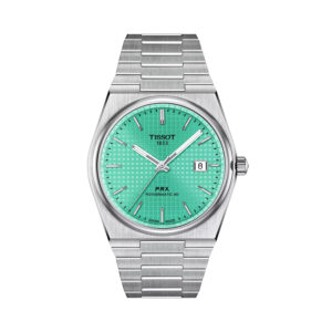 Tissot, PRX Powermatic 80 with a 40mm stainless steel case and bracelet strap featuring a date function and light green dial.