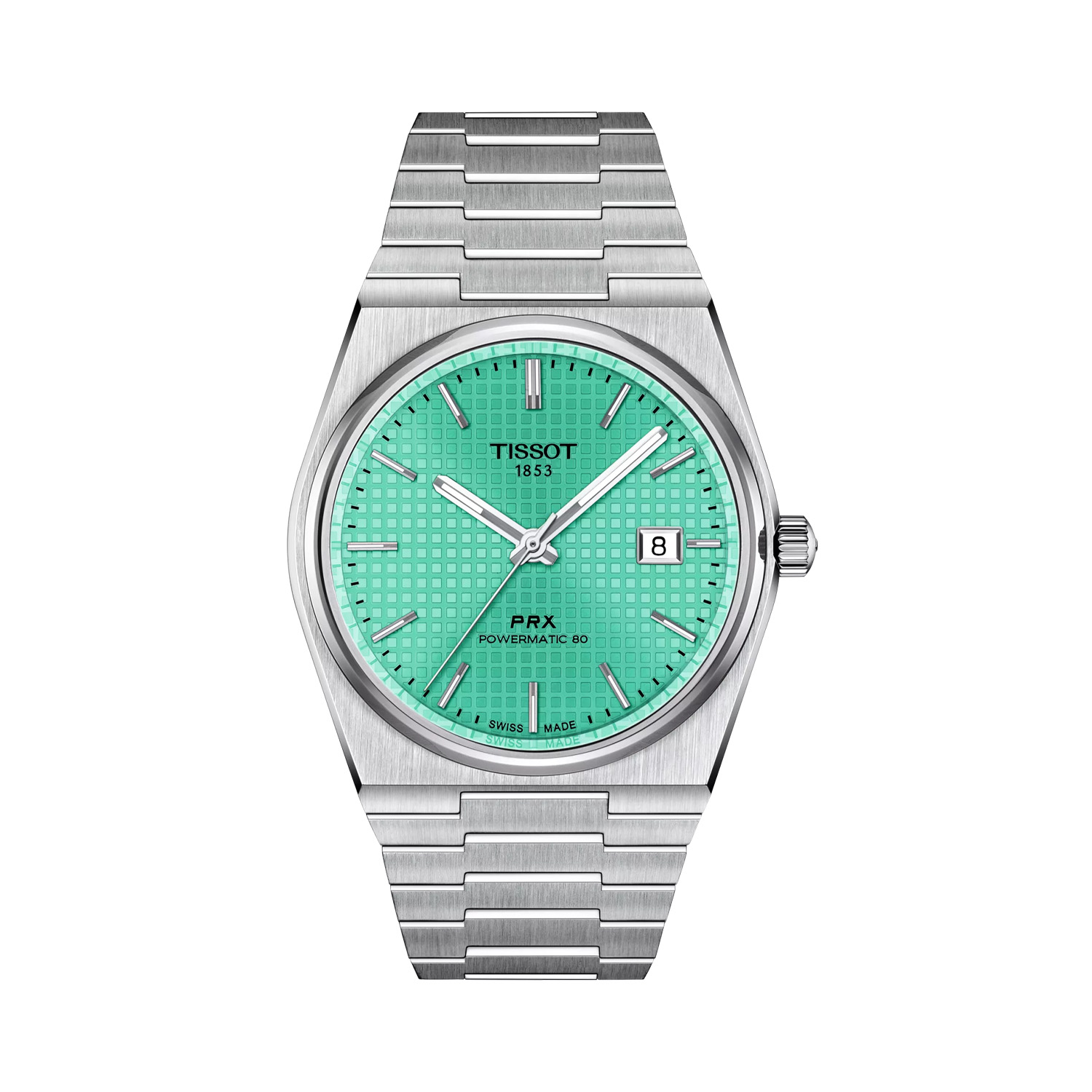 Tissot, PRX Powermatic 80 Light Green, Automatic Men's Watch Tissot, PRX Powermatic 80 with a 40mm stainless steel case and bracelet strap featuring a date function and light green dial.
