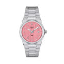 Tissot, PRX with a 35mm stainless steel case and bracelet strap featuring a date function and a pink dial.