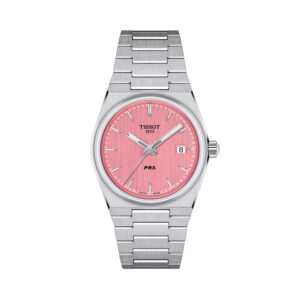 Tissot, PRX with a 35mm stainless steel case and bracelet strap featuring a date function and a pink dial.