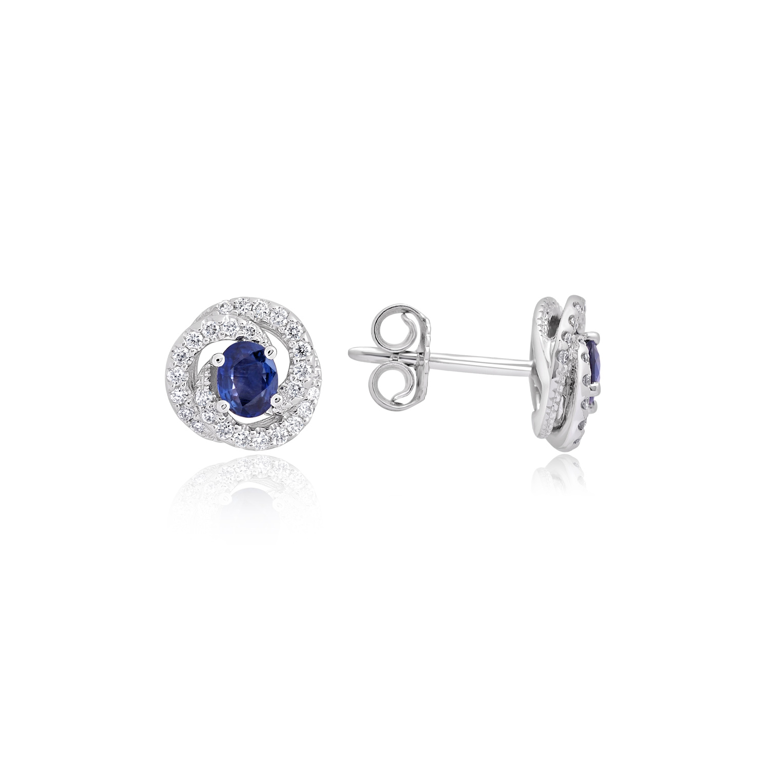 18ct White Gold Sapphire & Diamond Set Swirl Cluster Earrings A pair of 18ct white gold round sapphire and diamond set swirl cluster stud earrings, for pierced ears.