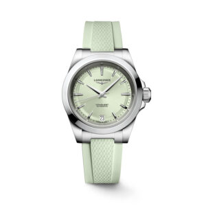 Longines, Conquest with a 34mm stainless steel case and a green rubber strap featuring a date function and a green dial.