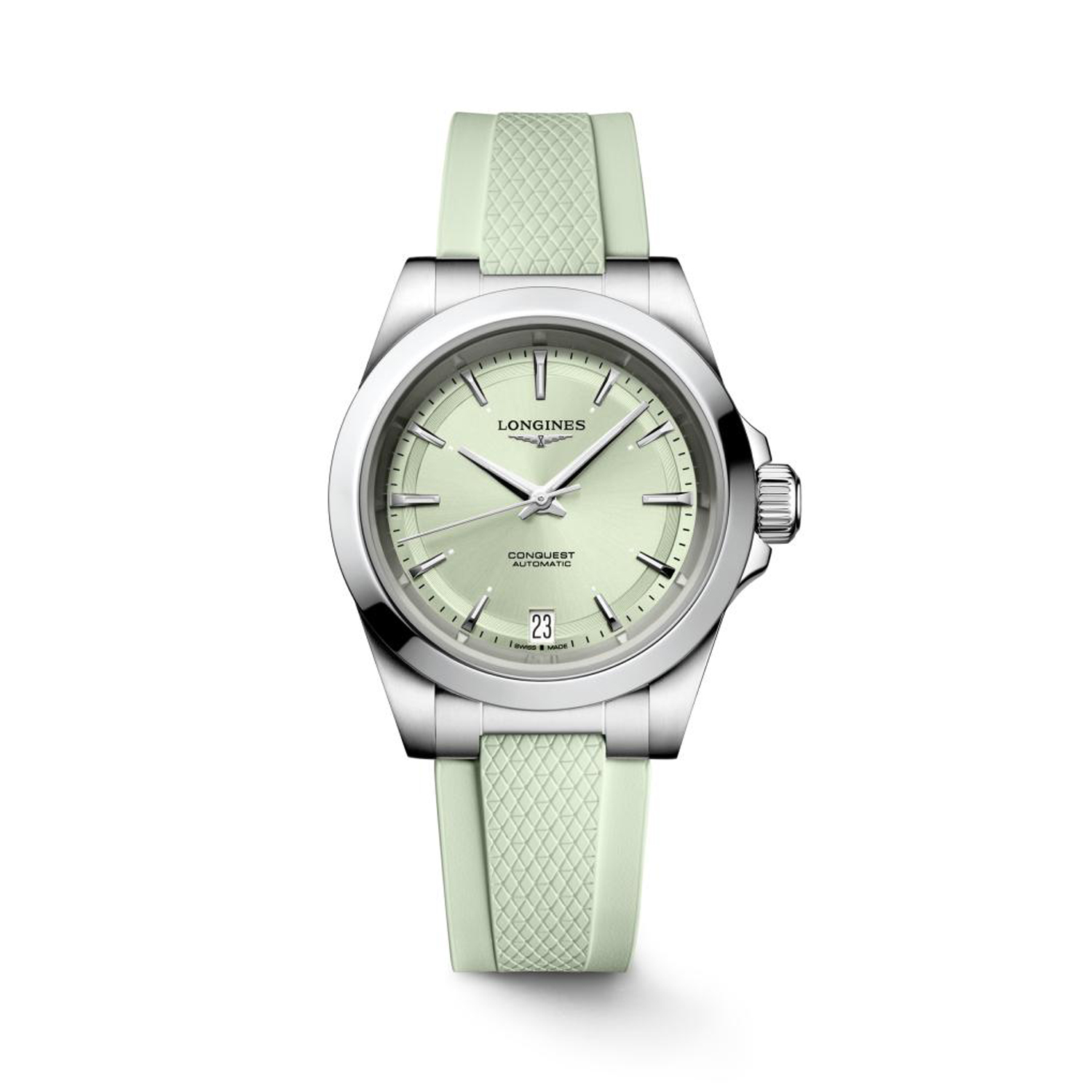 Longines, Conquest Sunray Green, Automatic Women's Watch Longines, Conquest with a 34mm stainless steel case and a green rubber strap featuring a date function and a green dial.