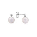 A pair of 18ct white gold akoya pearl and rub over diamond set drop earrings, for pierced ears.