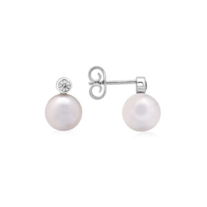A pair of 18ct white gold akoya pearl and rub over diamond set drop earrings, for pierced ears.