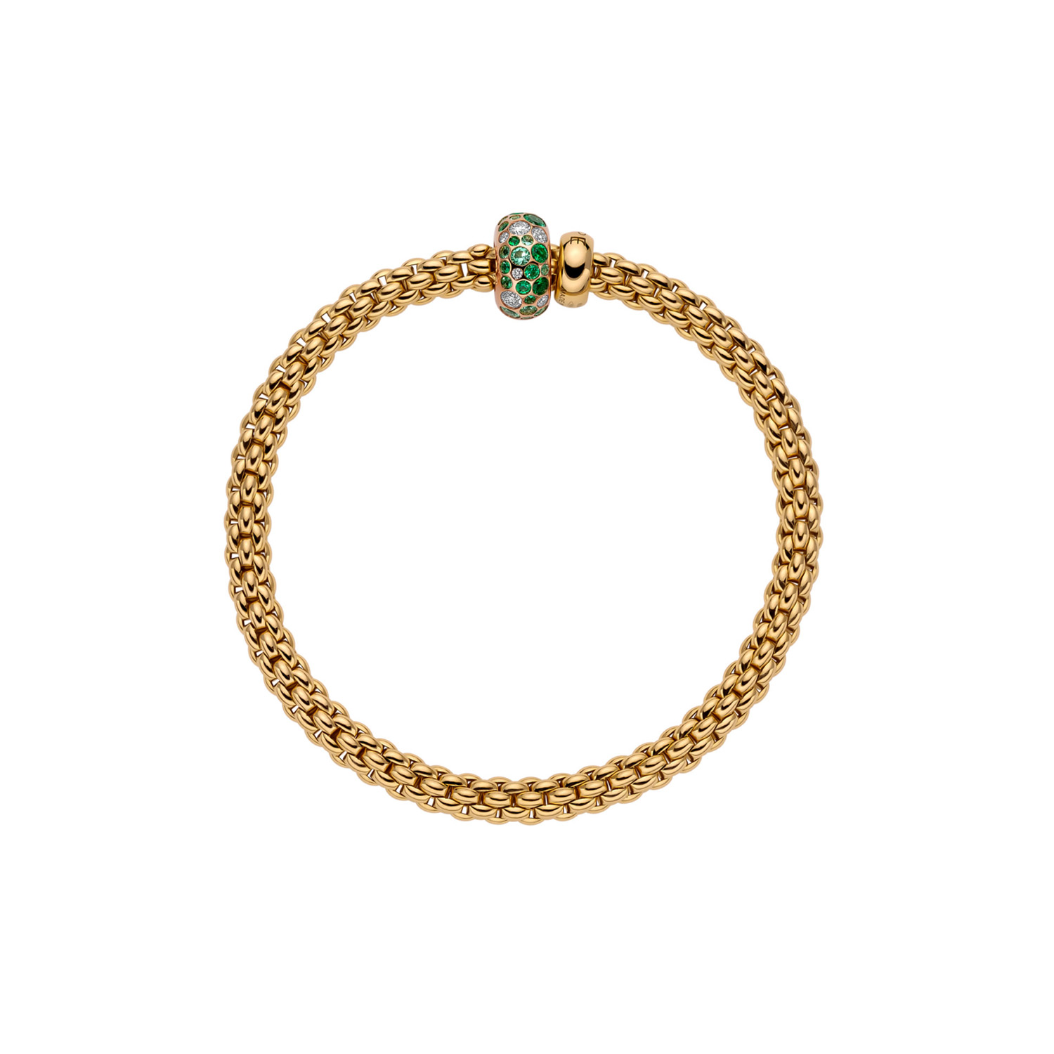An 18ct yellow gold Flex'It bracelet with an emerald and diamond rondel and a polished diamond set rondel, belonging to FOPE's Solo collection.