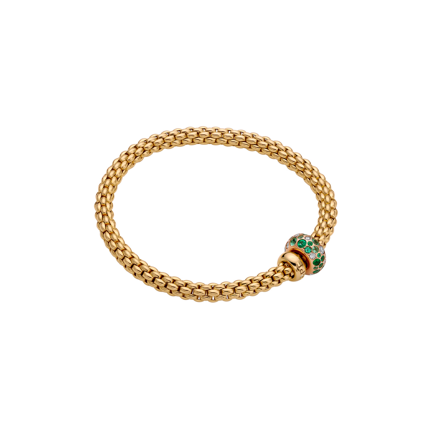 An 18ct yellow gold Flex'It bracelet with an emerald and diamond rondel and a polished diamond set rondel, belonging to FOPE's Solo collection.