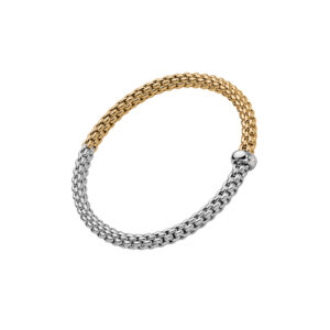 An 18ct white and yellow gold Flex'It bracelet with a single white gold diamond set rondel belonging to FOPE's Solo collection.