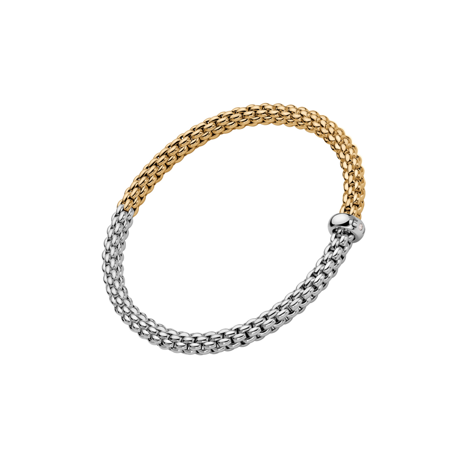 FOPE, Solo Collection, 18ct White & Yellow Gold Diamond Flex'It Bracelet: 0.01 carats An 18ct white and yellow gold Flex'It bracelet with a single white gold diamond set rondel belonging to FOPE's Solo collection.