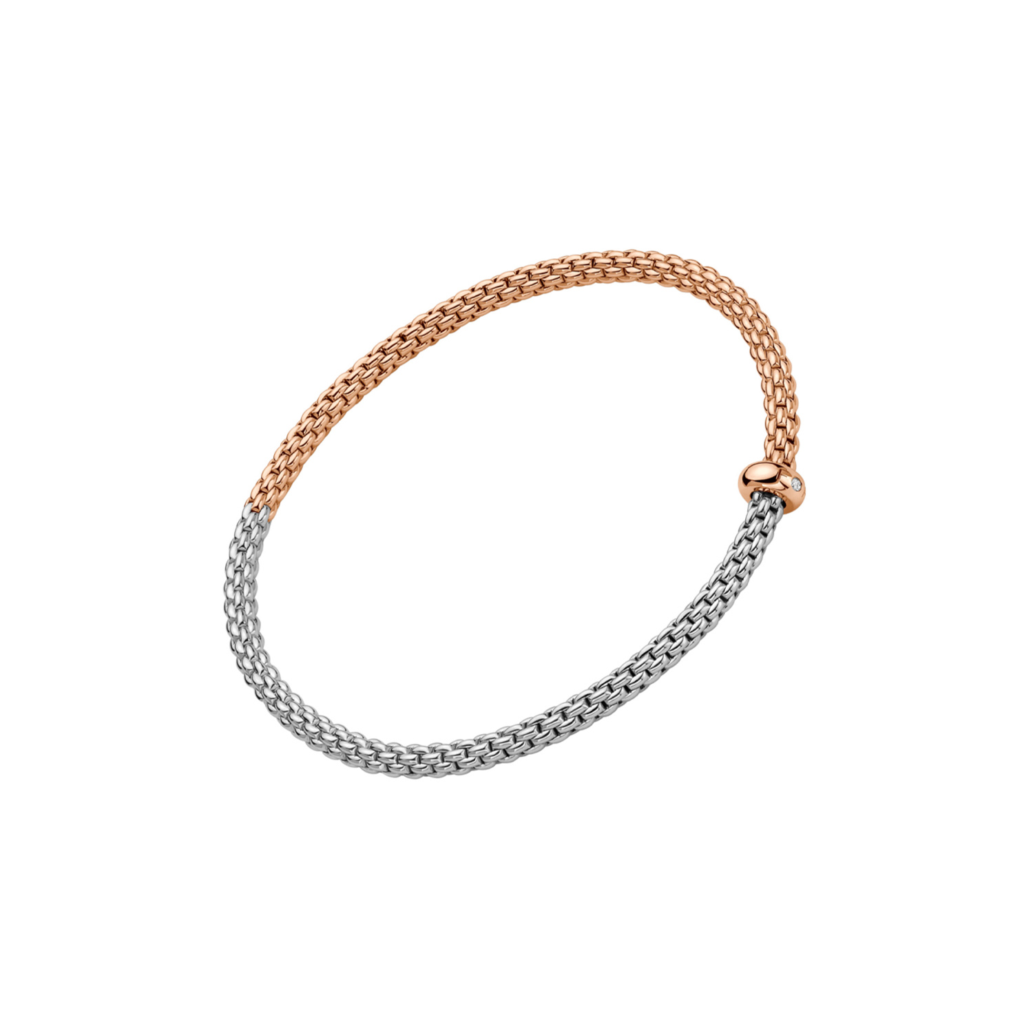 FOPE, Prima Collection, 18ct White & Rose Gold Diamond Flex'It Bracelet: 0.01 carats An 18ct white and rose gold Flex'It bracelet with a single rose gold diamond set rondel belonging to FOPE's Prima collection.
