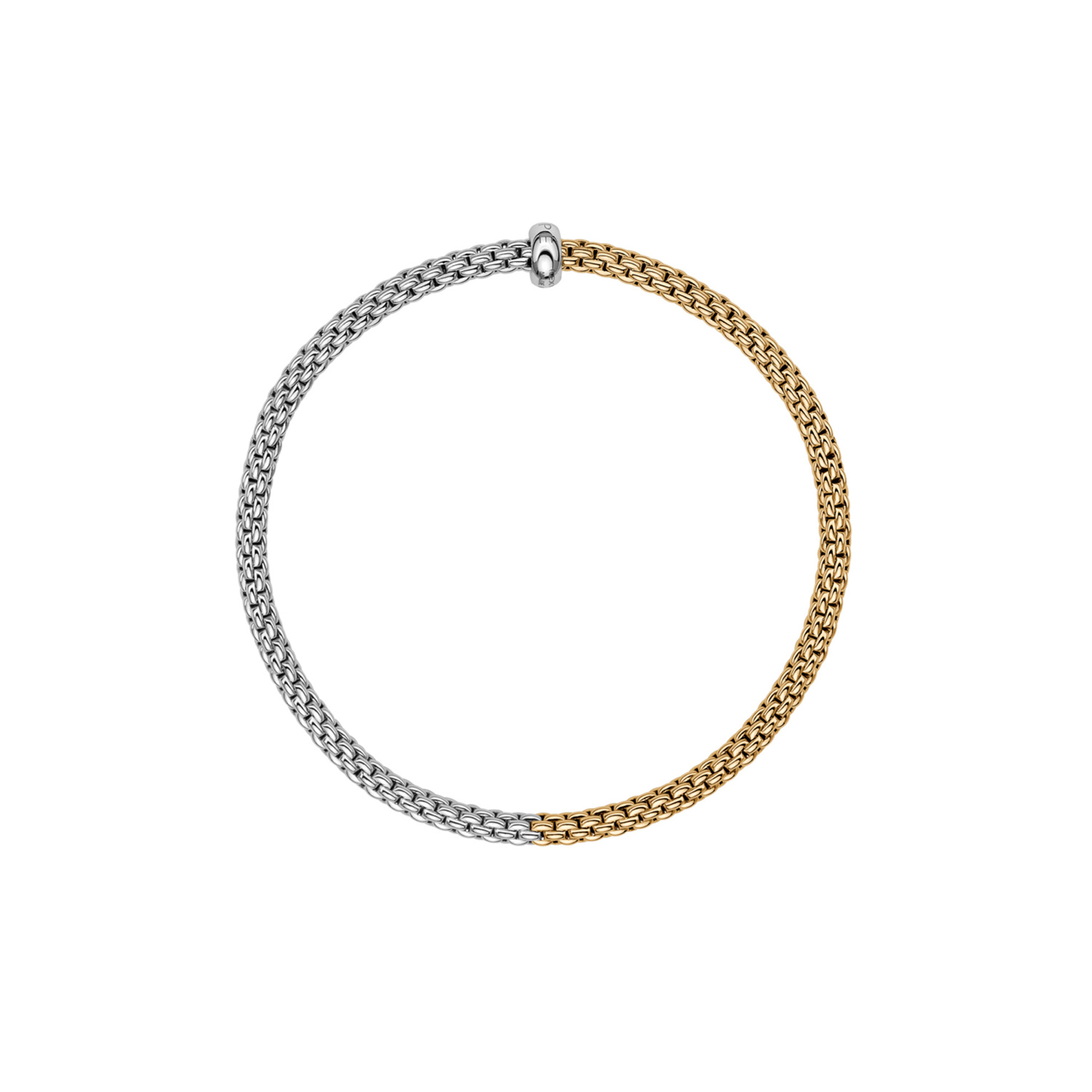 FOPE, Prima Collection, 18ct White & Yellow Gold Diamond Flex'It Bracelet: 0.01 carats An 18ct white and yellow gold Flex'It bracelet with a single white gold diamond set rondel belonging to FOPE's Prima collection.