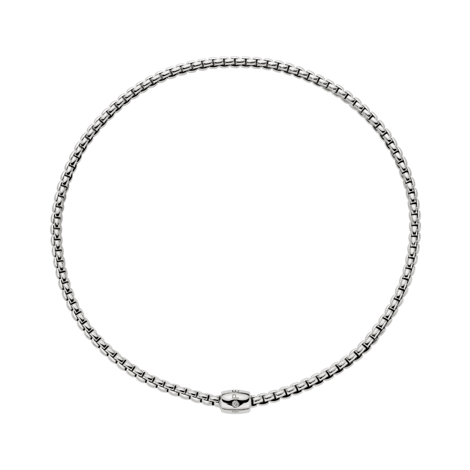 FOPE, EKA Collection, 18ct White Gold Flex'It Diamond Necklace: 0.01 carats An 18ct white gold Flex'It necklace with a single diamond set rondel, belonging to FOPE's EKA collection.