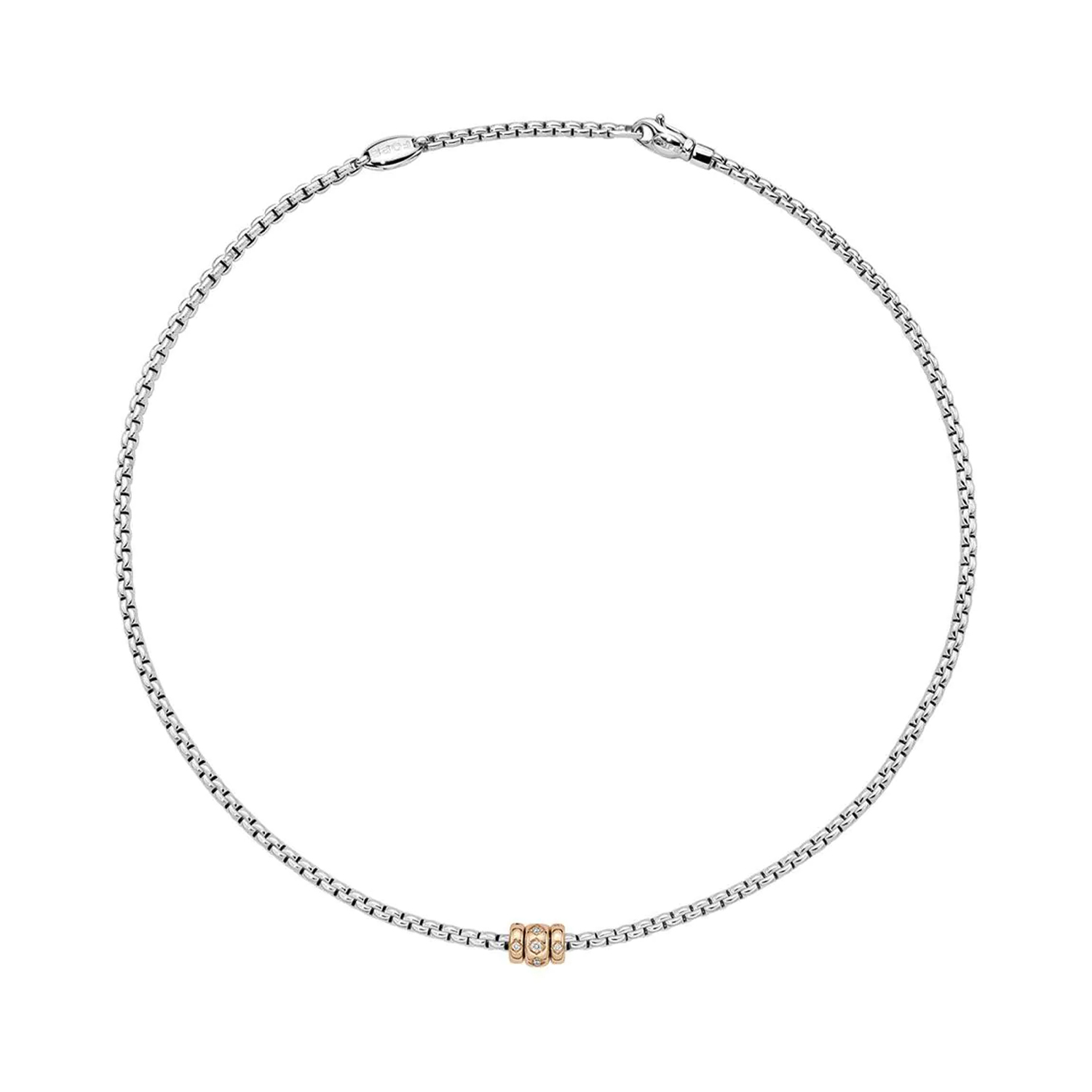 An 18ct white and rose gold Flex'It necklace with three rose gold diamond set rondels, belonging to FOPE's EKA collection.