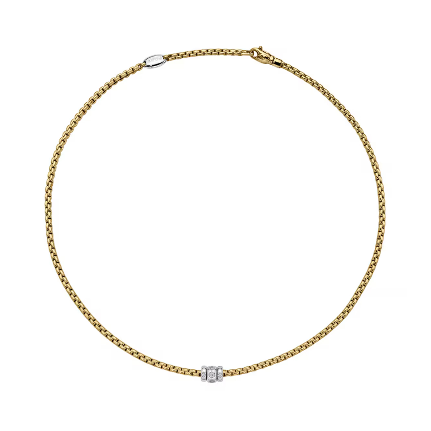 FOPE, EKA Collection, 18ct Yellow & White Gold Diamond Necklace: 0.18 carats An 18ct yellow and white gold Flex'It necklace with three white gold diamond set rondels, belonging to FOPE's EKA collection.