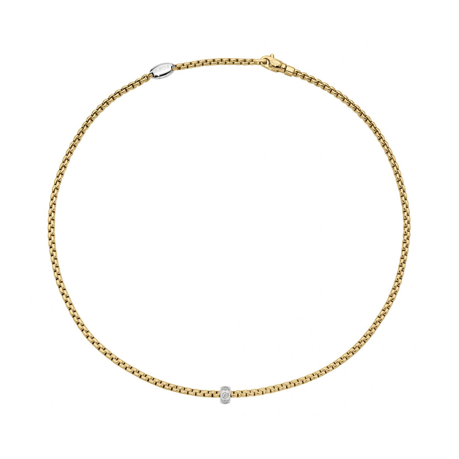 FOPE, EKA Collection, 18ct Yellow & White Gold Diamond Necklace: 0.12 carats An 18ct yellow gold Flex'It necklace with a single white gold diamond set rondel, belonging to FOPE's EKA Collection.