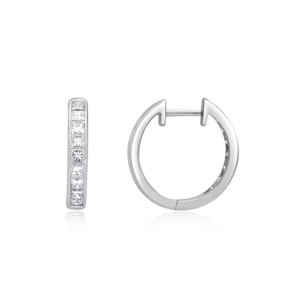 A pair of 18ct white gold princess cut diamond channel set hoop earrings, for pierced ears.