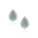 A pair of 18ct yellow gold pear shaped opal and diamond cluster stud earrings, for pierced ears.