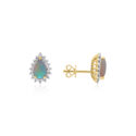 A pair of 18ct yellow gold pear shaped opal and diamond cluster stud earrings, for pierced ears.
