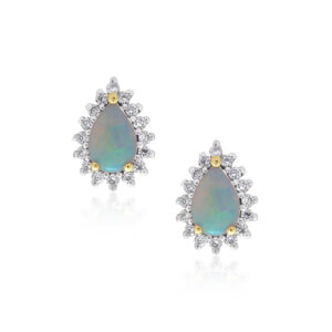 A pair of 18ct yellow gold pear shaped opal and diamond cluster stud earrings, for pierced ears.