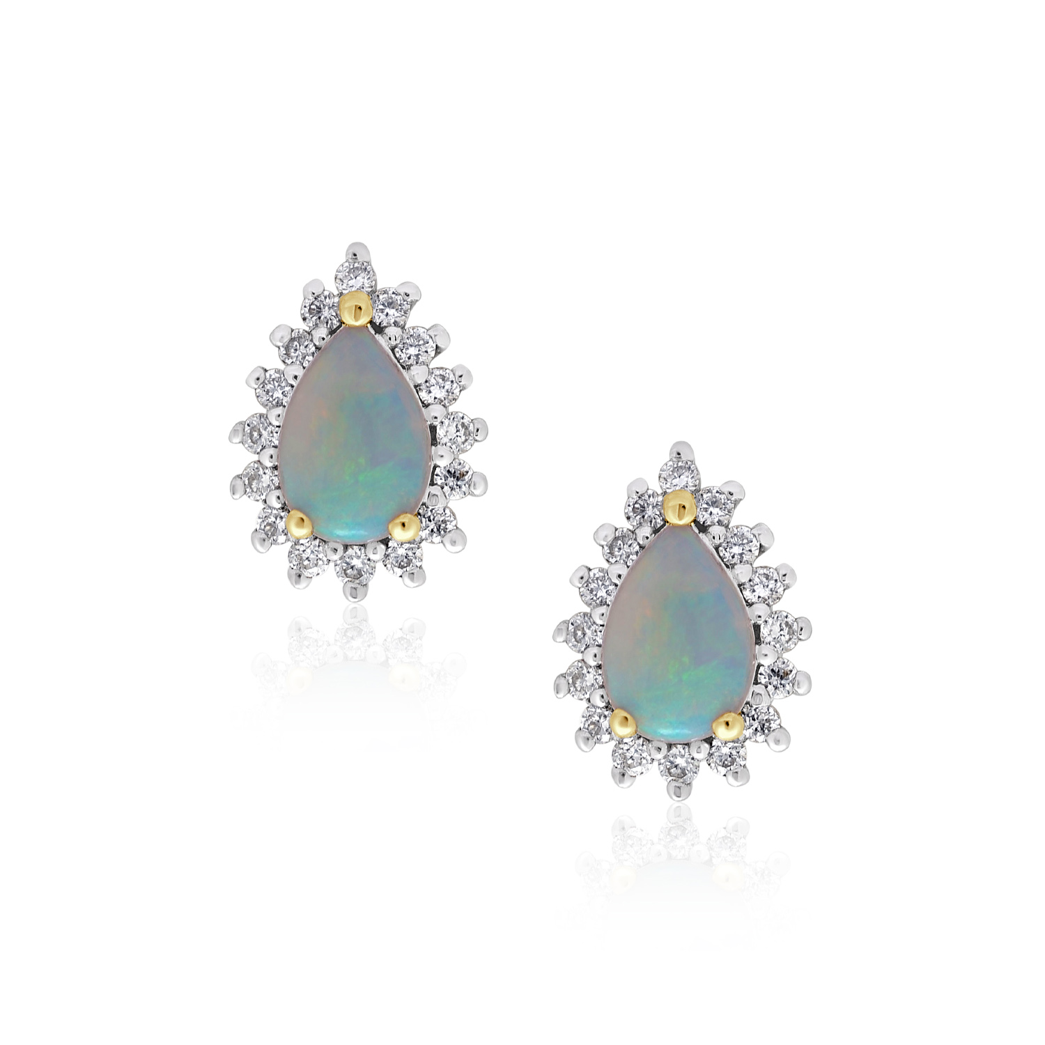 A pair of 18ct yellow gold pear shaped opal and diamond cluster stud earrings, for pierced ears.