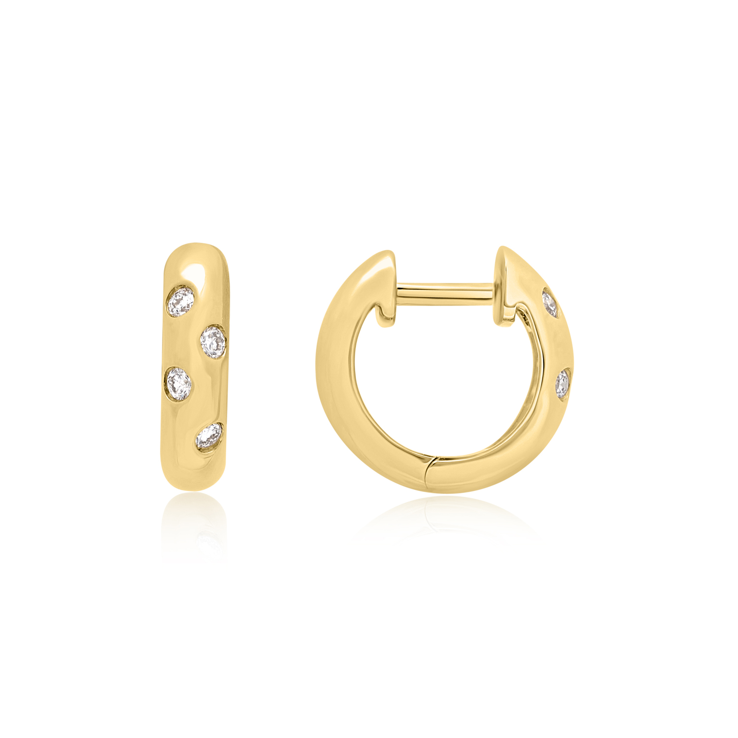 A pair of 18ct yellow gold hoop style earrings set with four diamonds on each earring, for pierced ears.