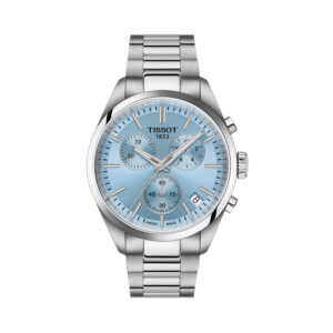 Tissot, PR 100 Chronograph with a 40mm stainless steel case and bracelet strap featuring a date function, chronograph and an ice blue coloured dial.
