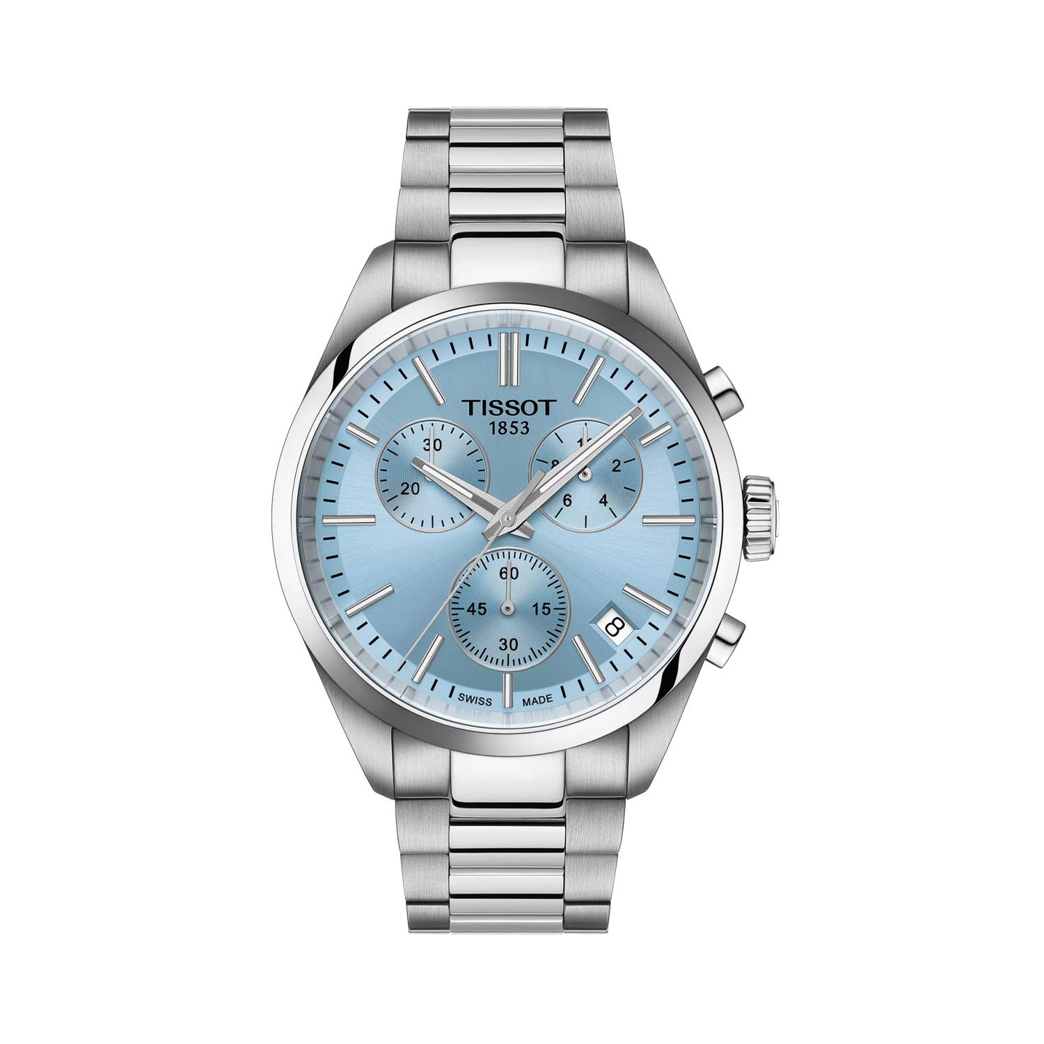 Tissot, PR 100 Chronograph Ice Blue, Quartz Men's Watch Tissot, PR 100 Chronograph with a 40mm stainless steel case and bracelet strap featuring a date function, chronograph and an ice blue coloured dial.
