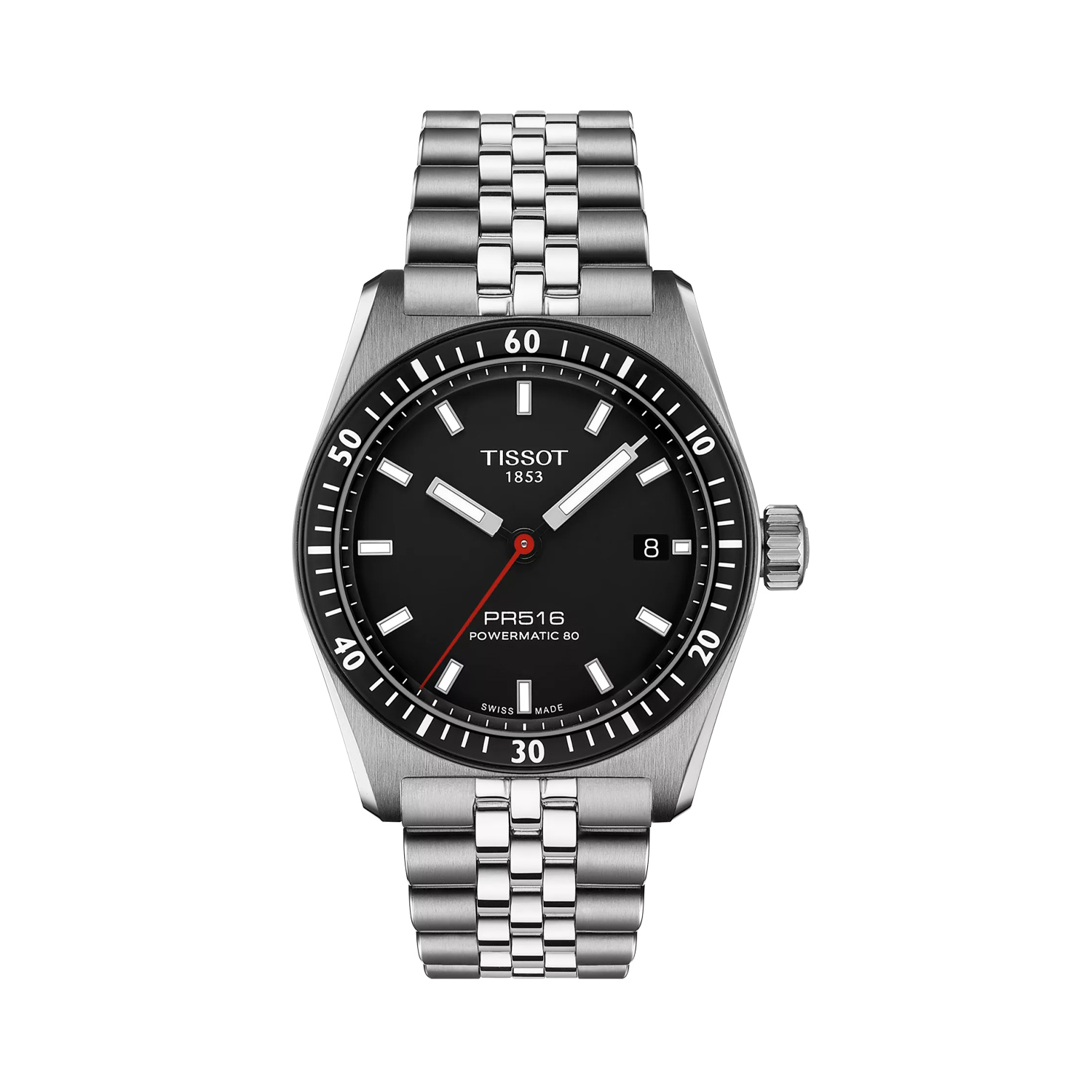 Tissot, PR516 Powermatic 80 Black, Automatic Men's Watch Tissot, PR516 Powermatic 80 with a 38mm stainless steel case and bracelet strap featuring a date function and a black dial and bezel.