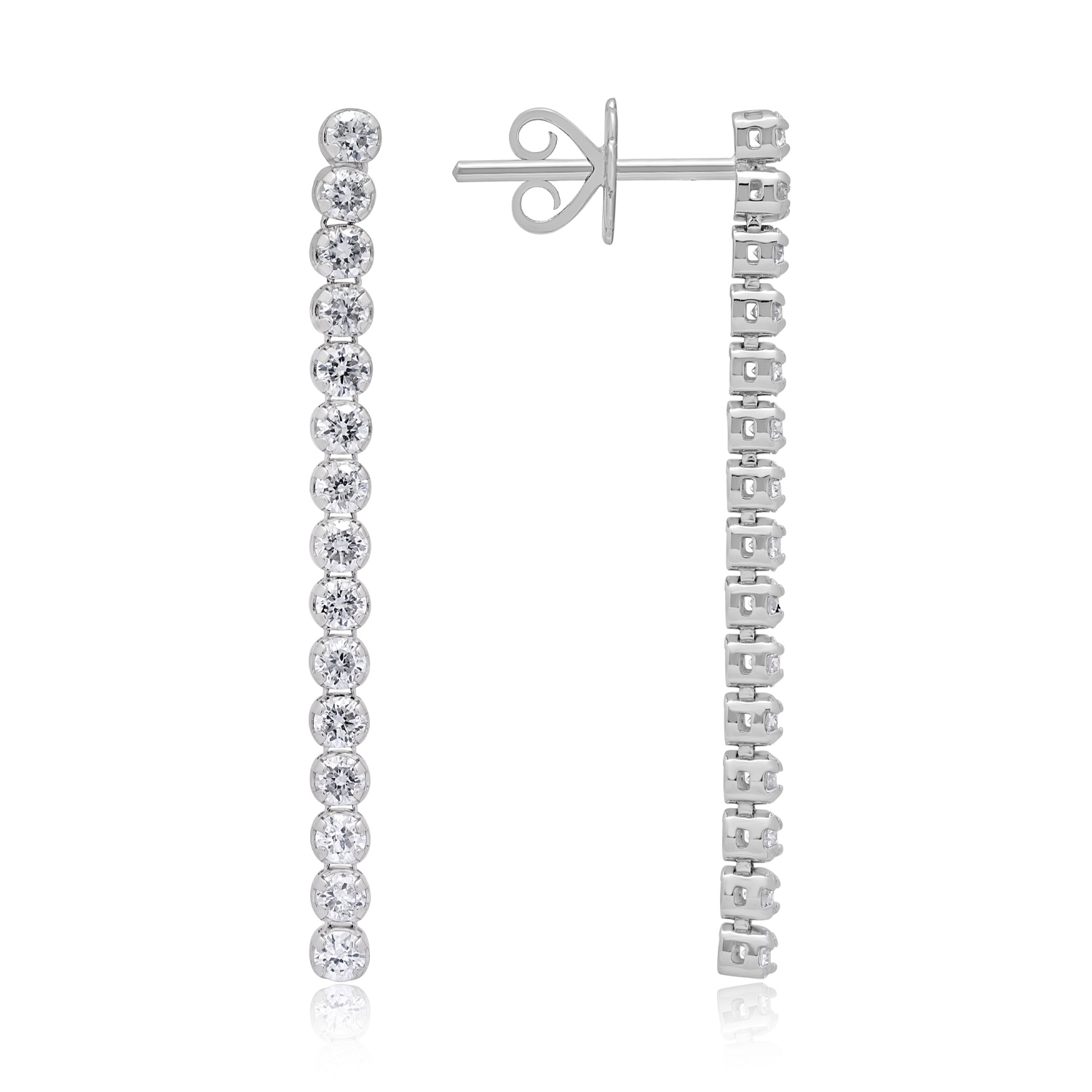 An 18ct white gold brilliant cut diamond line drop earrings, containing 15 stones, for pierced ears.