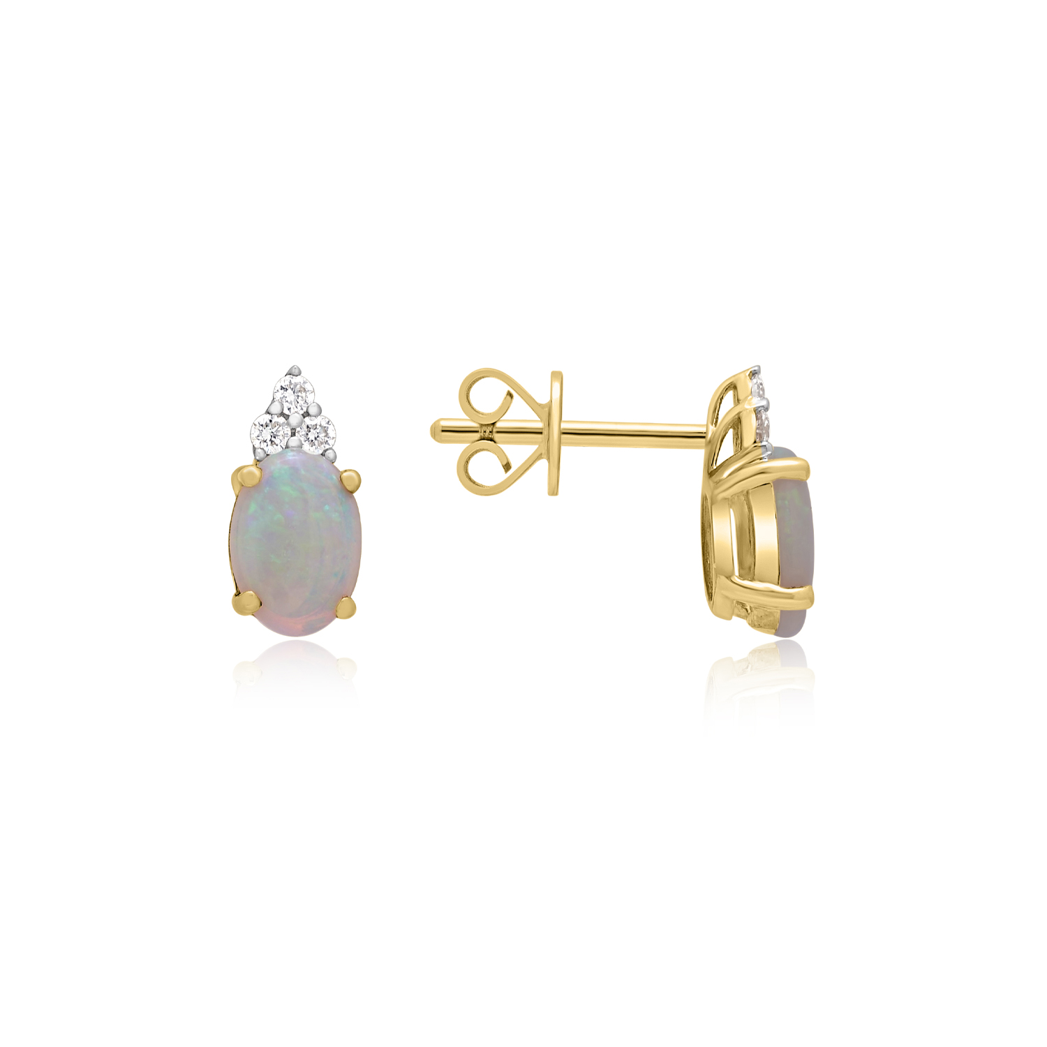 A pair of 9ct yellow gold oval shaped opal and round brilliant cut diamond set stud earrings, for pierced ears.