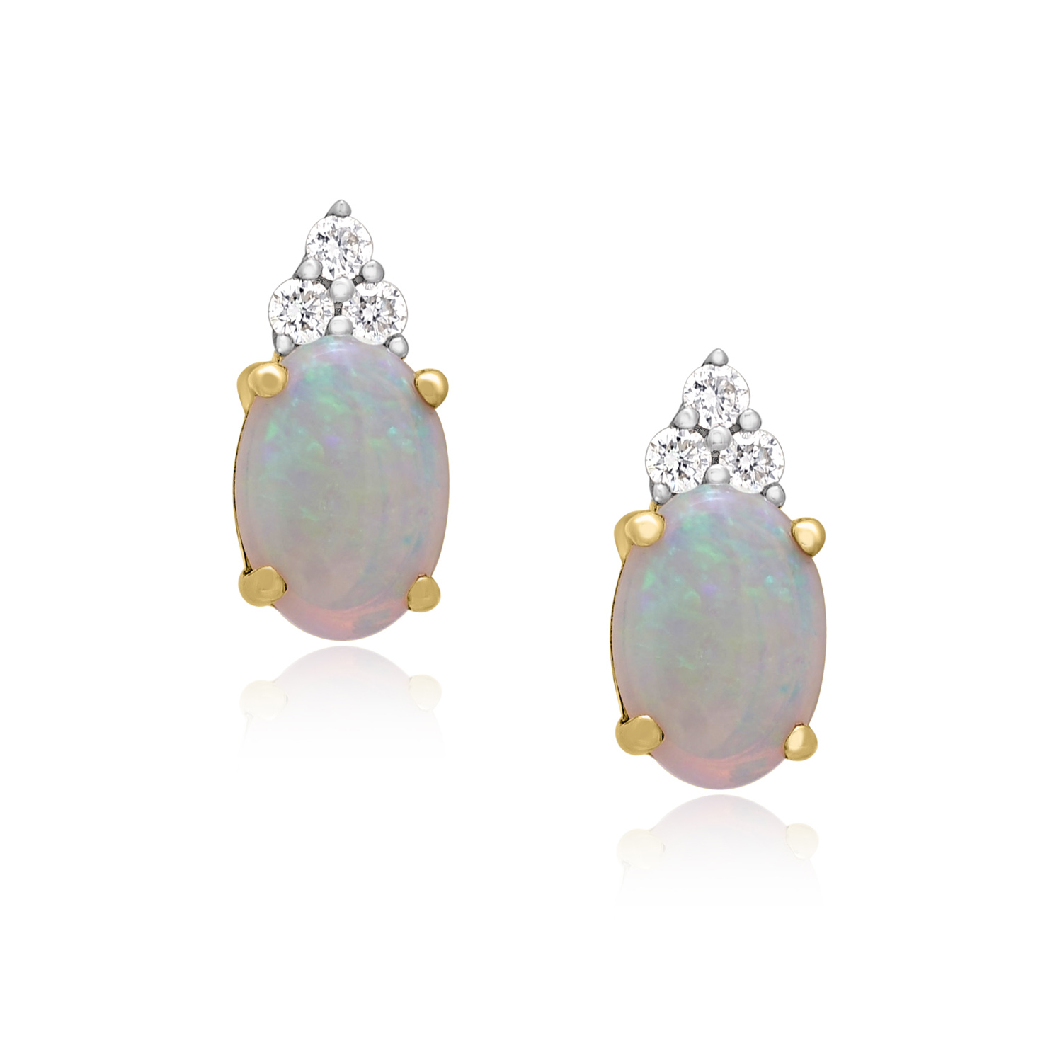 A pair of 9ct yellow gold oval shaped opal and round brilliant cut diamond set stud earrings, for pierced ears.