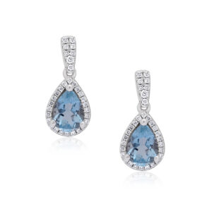 A pair of 18ct white gold pear shaped aquamarine and brilliant cut diamond drop earrings, for pierced ears.