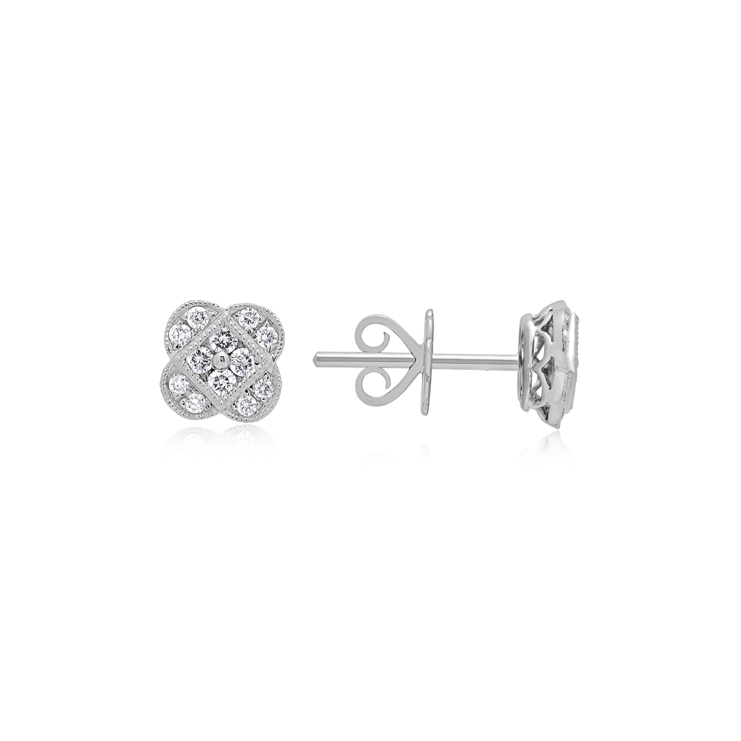18ct White Gold Millegrain Set Diamond Flower Cluster Earrings: 0.38 carats A pair of 18ct white gold millegrain set diamond flower cluster stud earrings, for pierced ears.