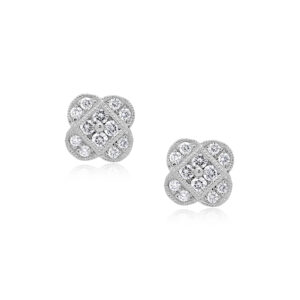 A pair of 18ct white gold millegrain set diamond flower cluster stud earrings, for pierced ears.