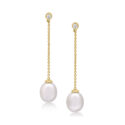 A pair of 9ct yellow gold freshwater pearl and rubover set diamond chain drop stud earrings, for pierced ears.