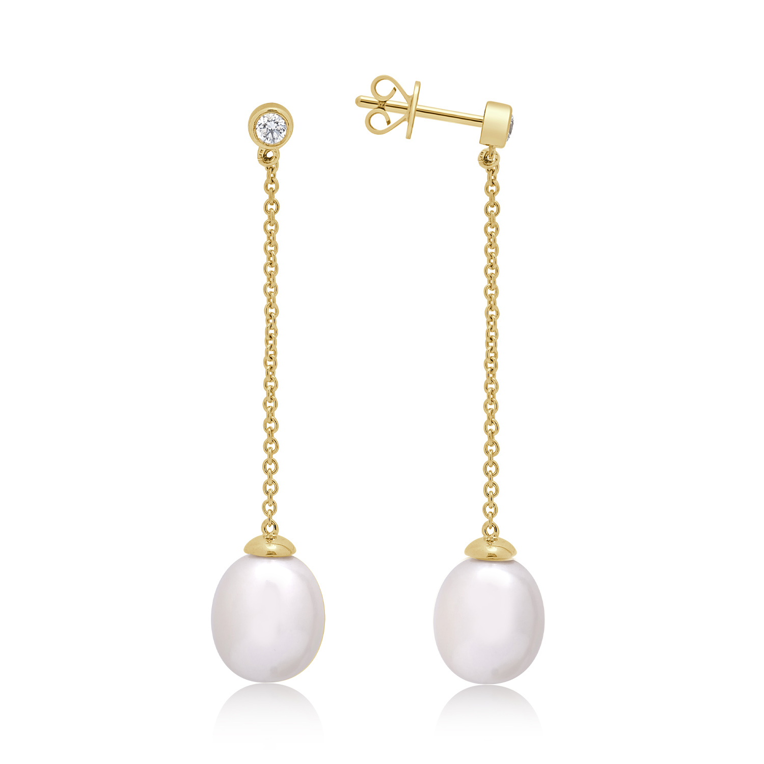 A pair of 9ct yellow gold freshwater pearl and rubover set diamond chain drop stud earrings, for pierced ears.