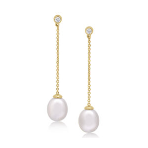 A pair of 9ct yellow gold freshwater pearl and rubover set diamond chain drop stud earrings, for pierced ears.